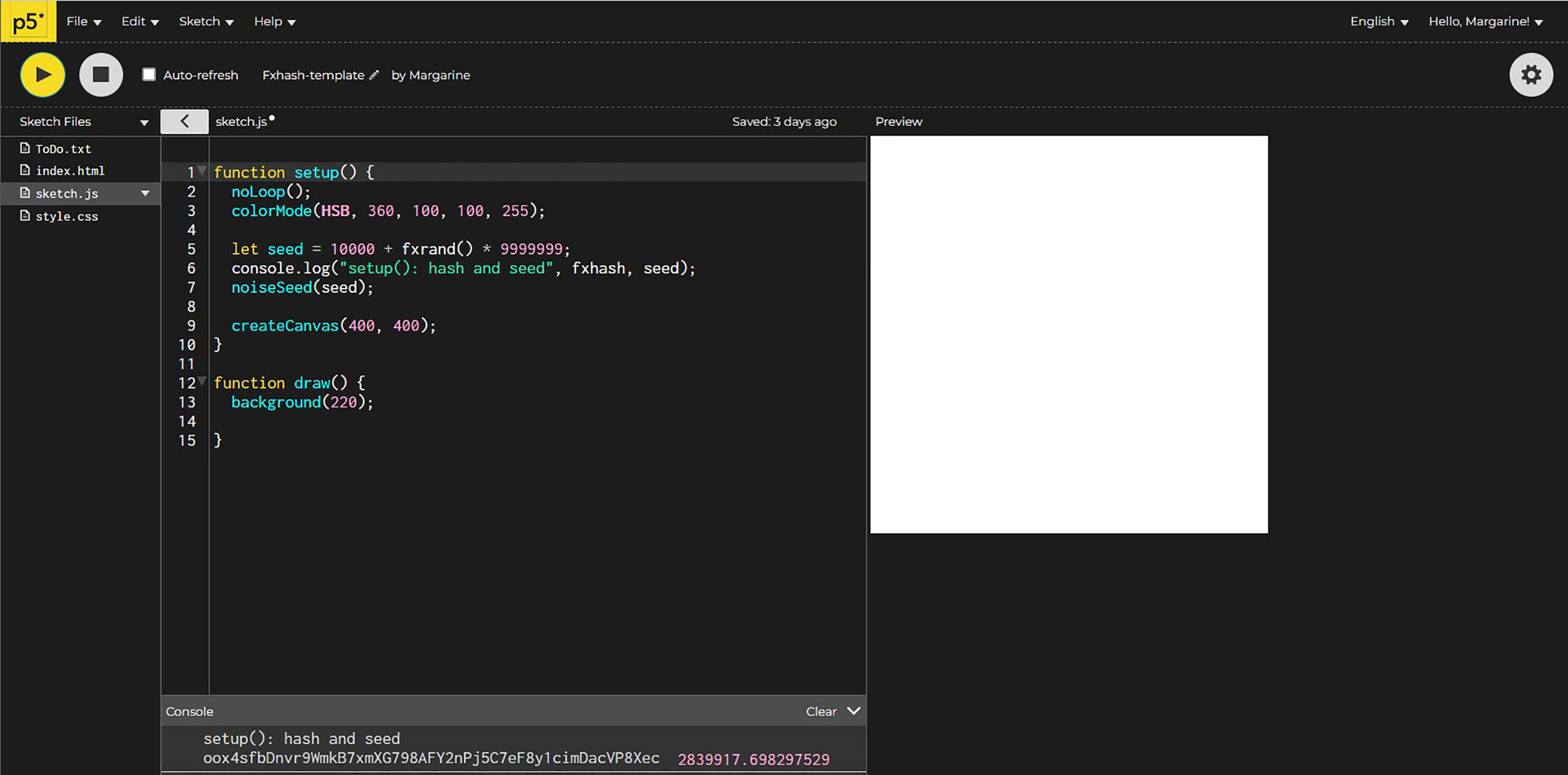 Figure 5. Your fxhash-template program with the ToDo.txt file, and the index.html file contains the fx(hash) snippet. 